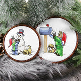 Digitally downloadable machine embroidery design pack featuring a child in winter clothes building a snowman and another mailing a letter with a dog nearby.