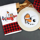 Digitally downloadable machine embroidery design pack featuring snowmen with orange carrot noses and various colorful birds perched on and near them.