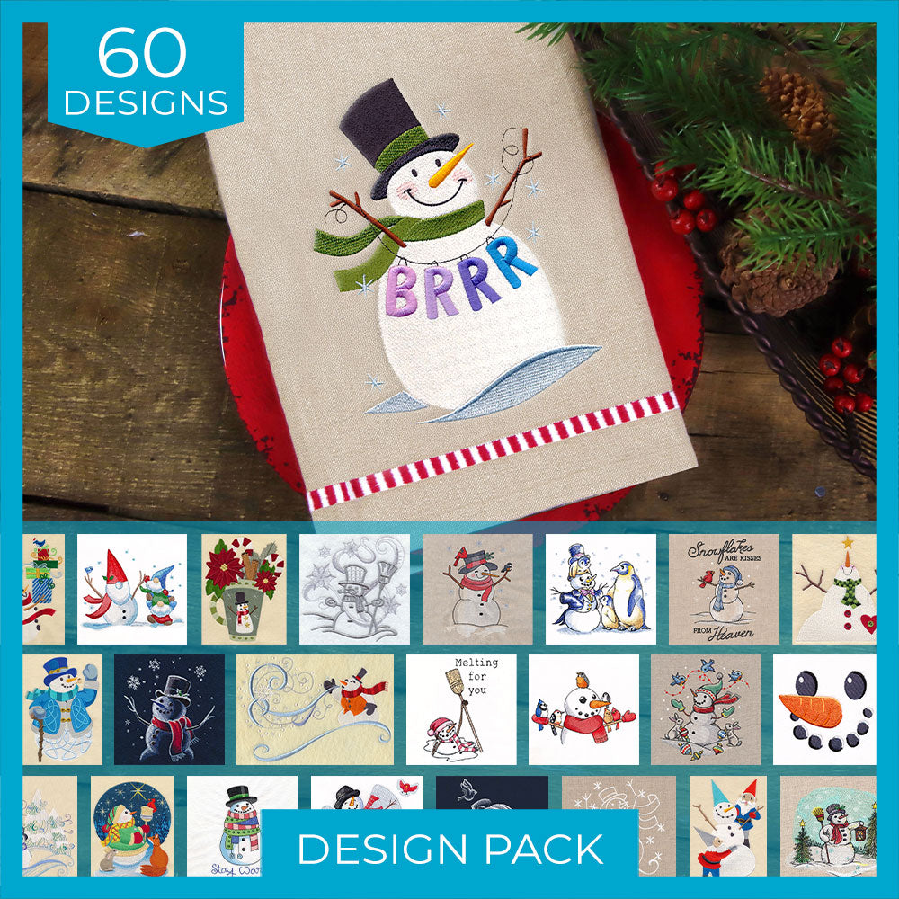 A digitally downloadable machine embroidery design pack featuring 60 festive snowman-themed designs, including a smiling snowman with a green scarf and "BRRR" text.