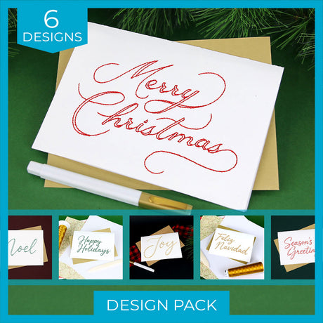 White card with "Merry Christmas" embroidered in red script on top of a brown envelope and green background, with five smaller embroidered holiday cards below.