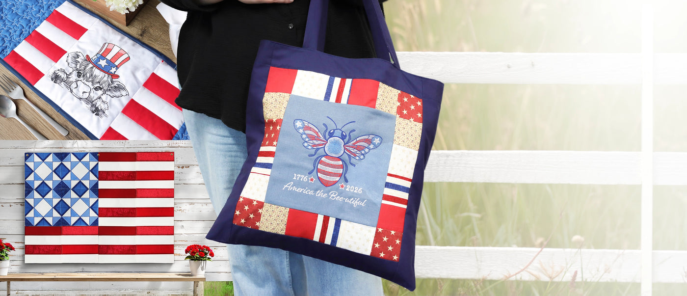 Person holding a machine embroidered patriotic tote bag with American flag design, surrounded by related embroidery products.