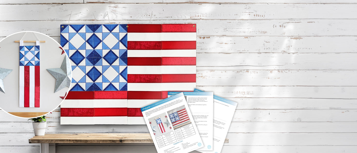 Machine embroidered American flag quilt wall hanging made from red, white, and blue quilt blocks displayed on a white wood wall, with coordinating mini banner shown in inset circle and printed project instructions in front.