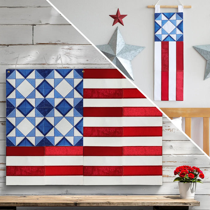 Patriotic machine embroidered quilt projects featuring a geometric American flag wall hanging and a long vertical banner in red, white, and blue.