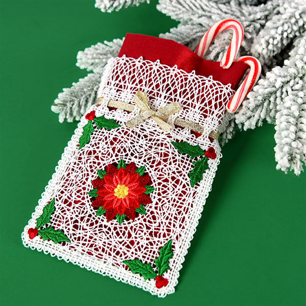 Fancy for Christmas Poinsettia Drawstring Bag (Battenburg Lace)