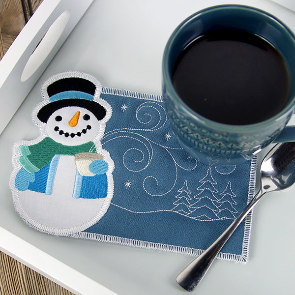 The Splendor of Winter Snowman Mug Rug (In-the-Hoop)