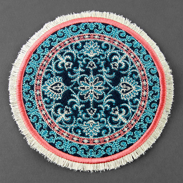 Cozy in Filigree Fringe Mug Rug (In-the-Hoop)