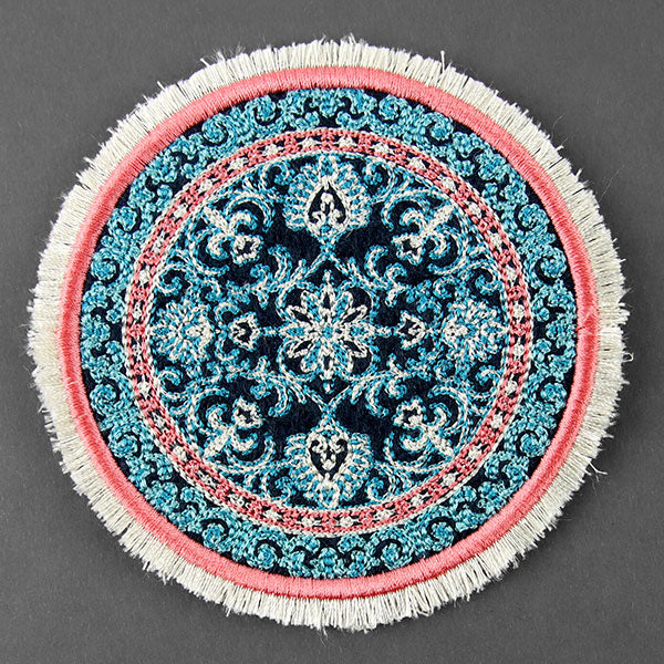 Cozy in Filigree Fringe Mug Rug (In-the-Hoop)
