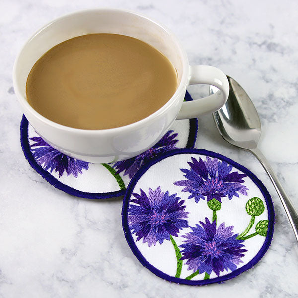 Button Designs Coasters Textured Bachelor Button Coaster (In-the-Hoop) – Embroidery Library