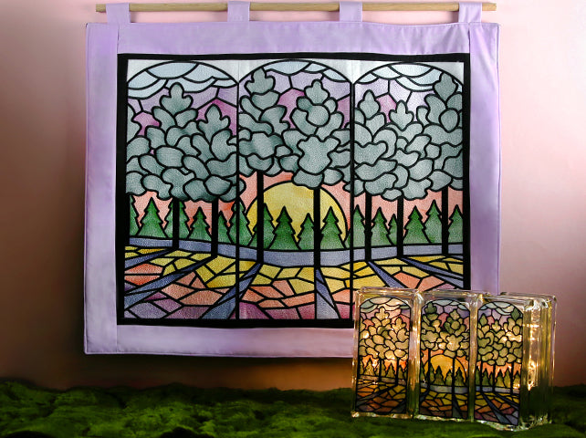 Stained Glass Sunset Scene - 3 Panel