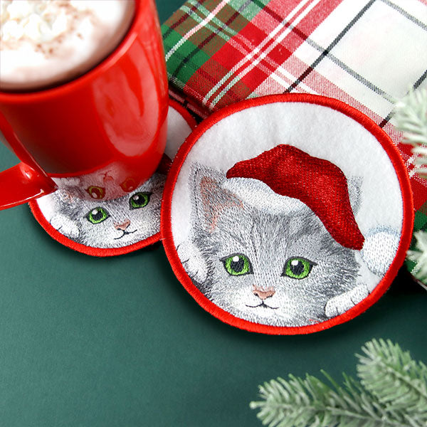 Here Christmas Kitty Kitty Coaster 2 (In-the-Hoop)