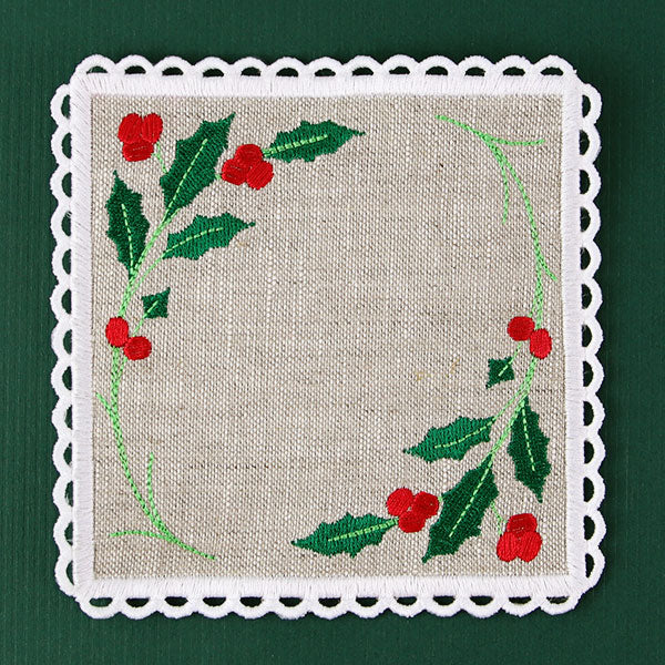 Lace Edge Holly & Berries Coaster (In-the-Hoop)