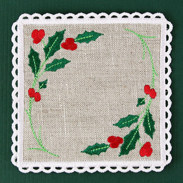 Lace Edge Holly & Berries Coaster (In-the-Hoop)