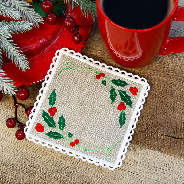 Lace Edge Holly & Berries Coaster (In-the-Hoop)