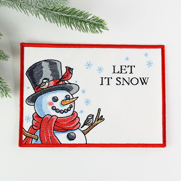 Let It Snow Snowman Mug Rug (In-the-Hoop)