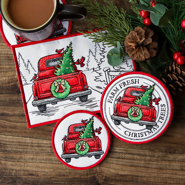 Christmas Trees Retro Truck Coaster (In-the-Hoop)