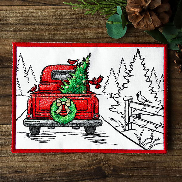 Christmas Trees Retro Truck Mug Rug (In-the-Hoop)
