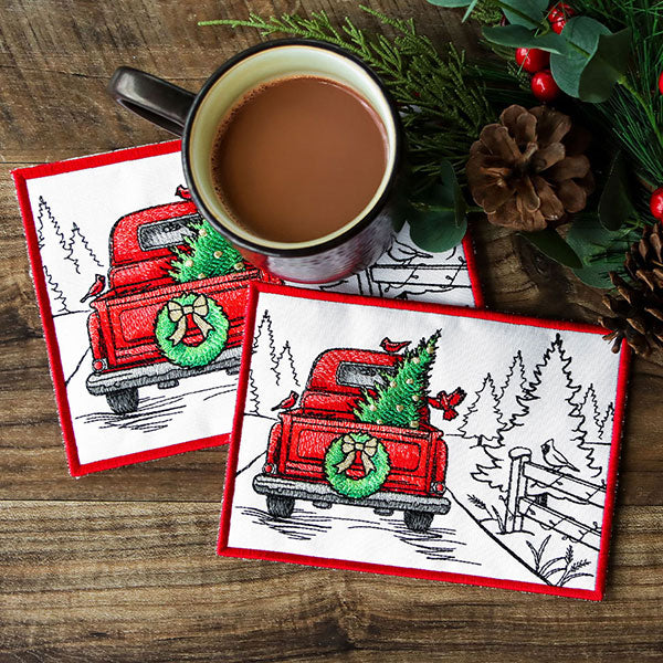 Christmas Trees Retro Truck Mug Rug (In-the-Hoop)