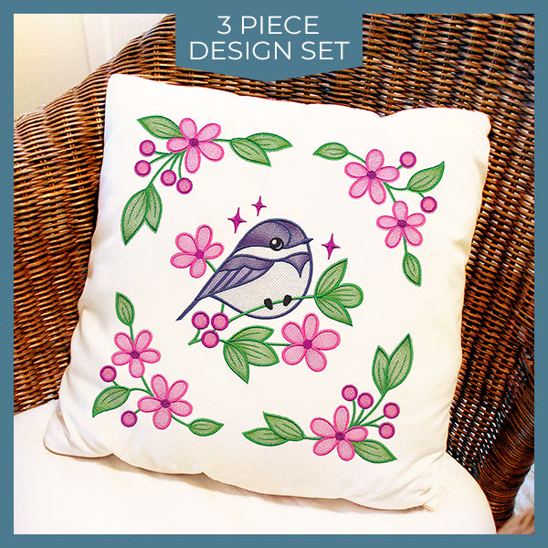 Chickadee and Blooms Pillow Pair