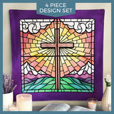 Stained Glass Cross at Sunrise Scene (Set)