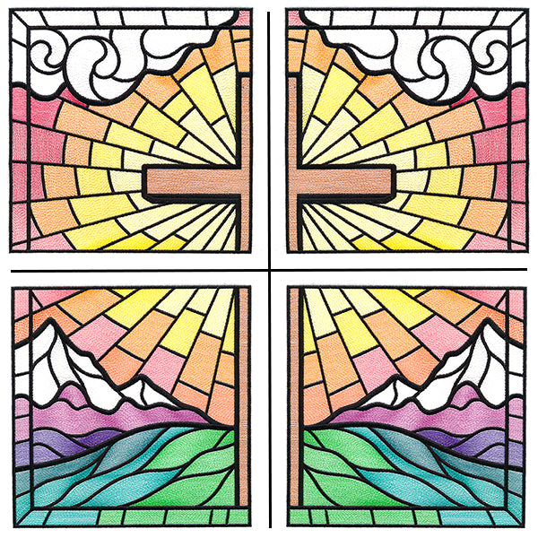 Stained Glass Cross at Sunrise Scene (Set)