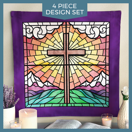 Stained Glass Cross at Sunrise Scene (Set)