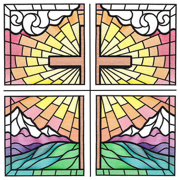 Stained Glass Cross at Sunrise Scene (Set)