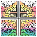 Stained Glass Cross at Sunrise Scene (Set)
