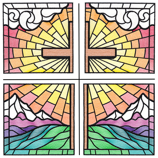 Stained Glass Cross at Sunrise Scene (Set)