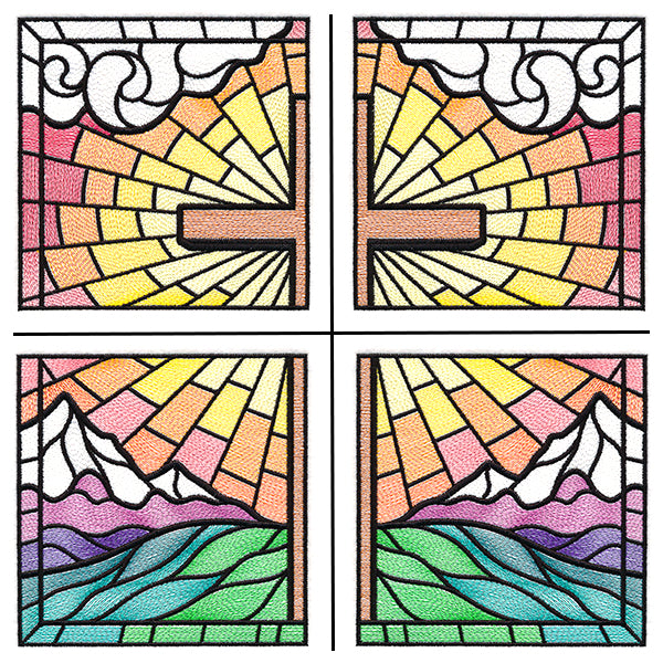 Stained Glass Cross at Sunrise Scene (Set)