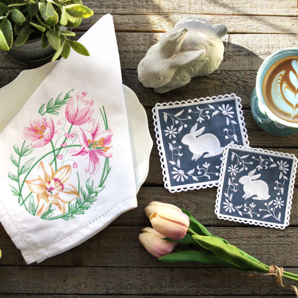 Lace Edge Spring Bunny Coaster (In-the-Hoop)
