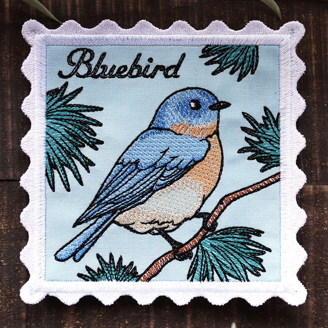 Lace Edge Bird Stamp Coaster - Bluebird (In-the-Hoop)