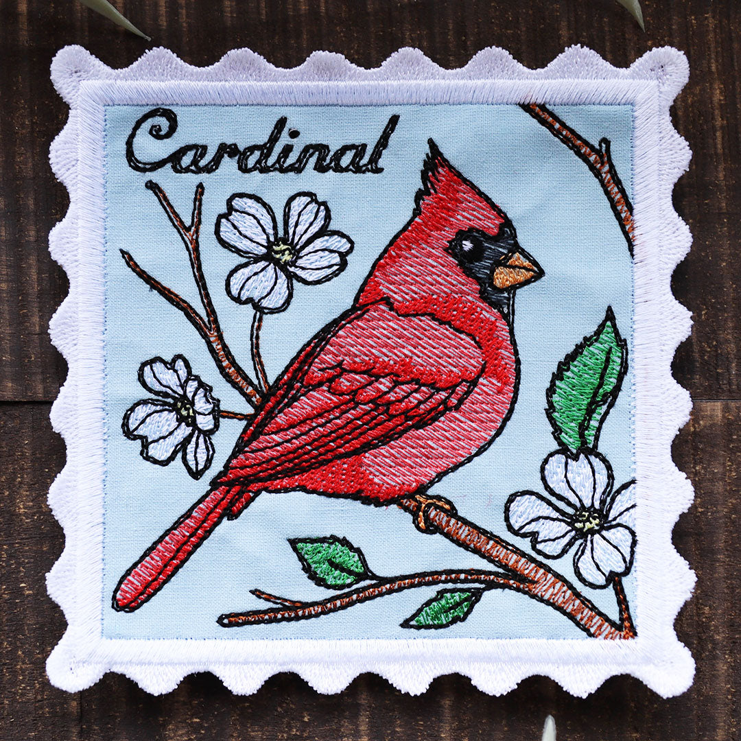 Lace Edge Bird Stamp Coaster - Cardinal (In-the-Hoop)