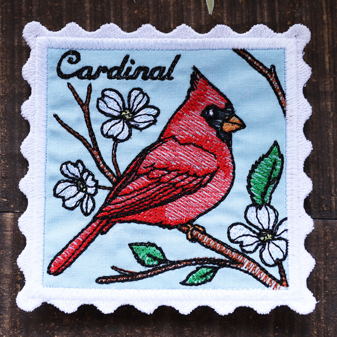 Lace Edge Bird Stamp Coaster - Cardinal (In-the-Hoop)