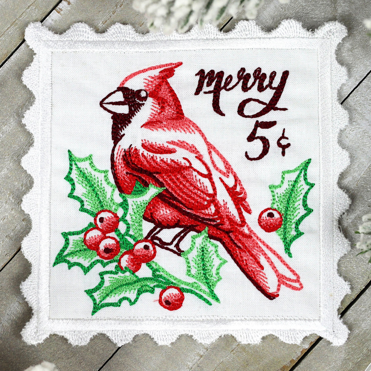 Lace Edge Cardinal Stamp Coaster (In-the-Hoop)