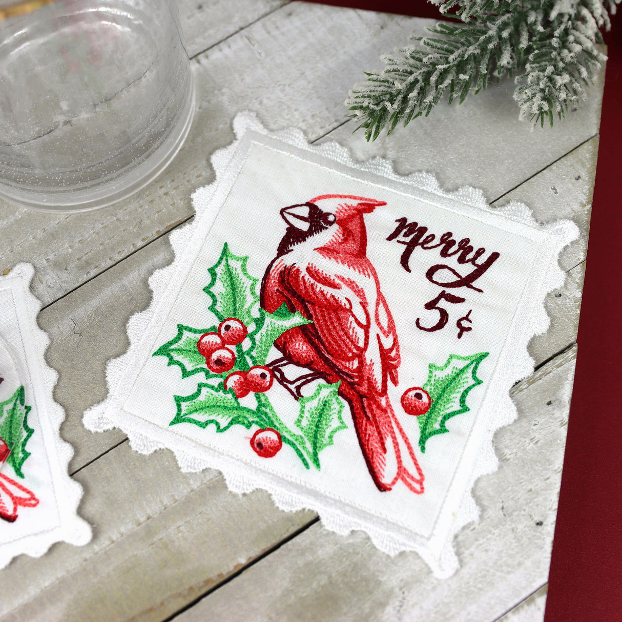 Lace Edge Cardinal Stamp Coaster (In-the-Hoop)