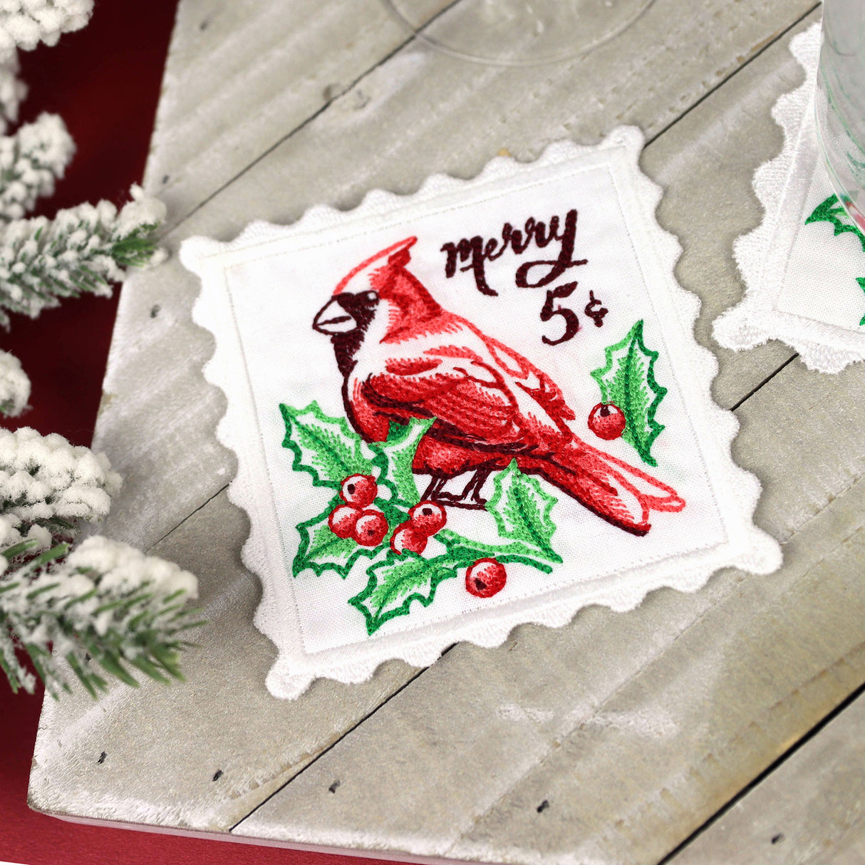 Lace Edge Cardinal Stamp Coaster (In-the-Hoop)