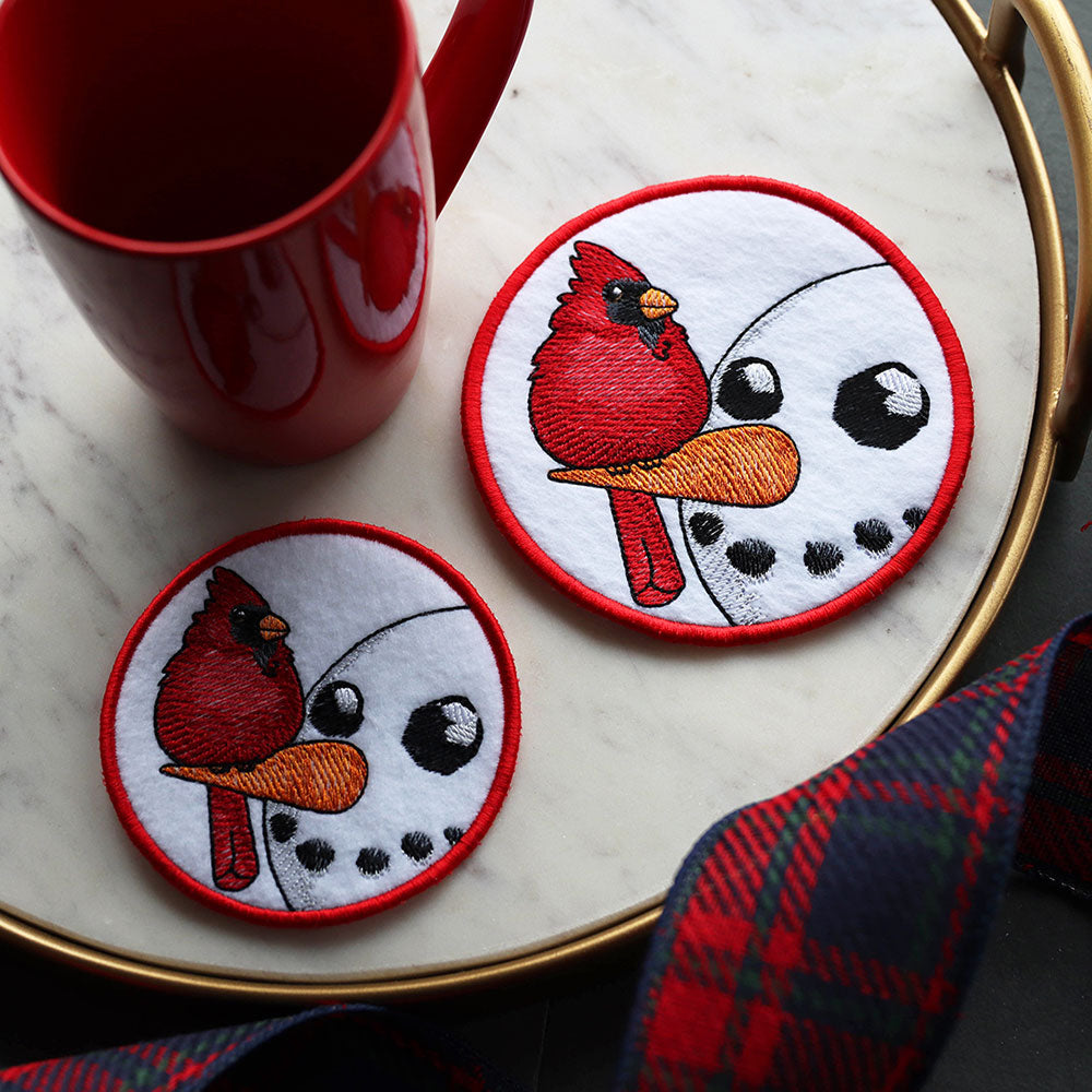 Sweet Peeking Snowman with Male Cardinal Coaster (In-the-Hoop)