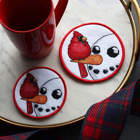 Sweet Peeking Snowman with Male Cardinal Coaster (In-the-Hoop)