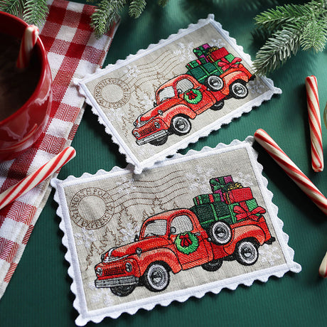 Christmas Retro Truck Stamp Mug Rug (In-the-Hoop)