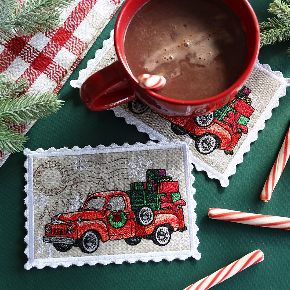 Christmas Retro Truck Stamp Mug Rug (In-the-Hoop)