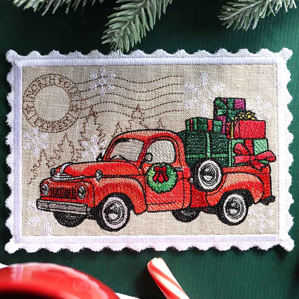 Christmas Retro Truck Stamp Mug Rug (In-the-Hoop)