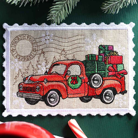 Christmas Retro Truck Stamp Mug Rug (In-the-Hoop)