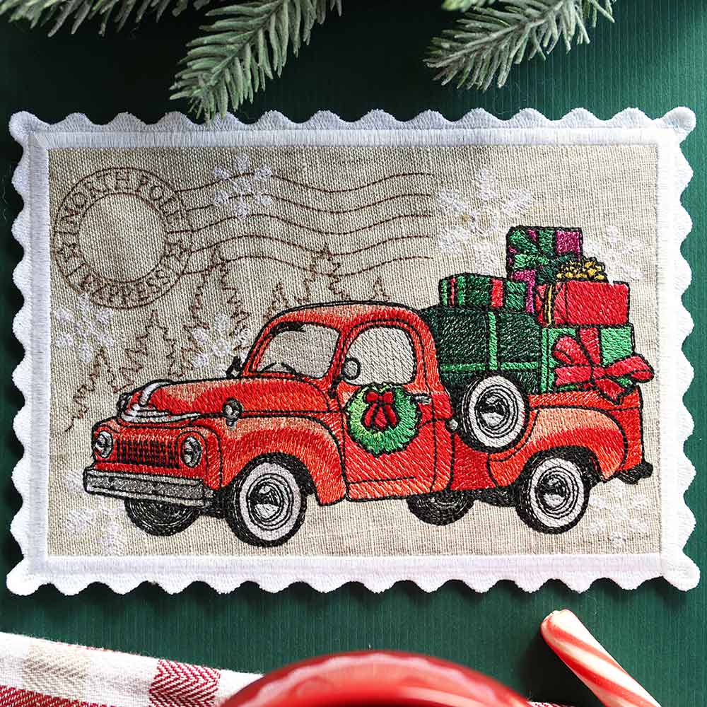 Christmas Retro Truck Stamp Mug Rug (In-the-Hoop)