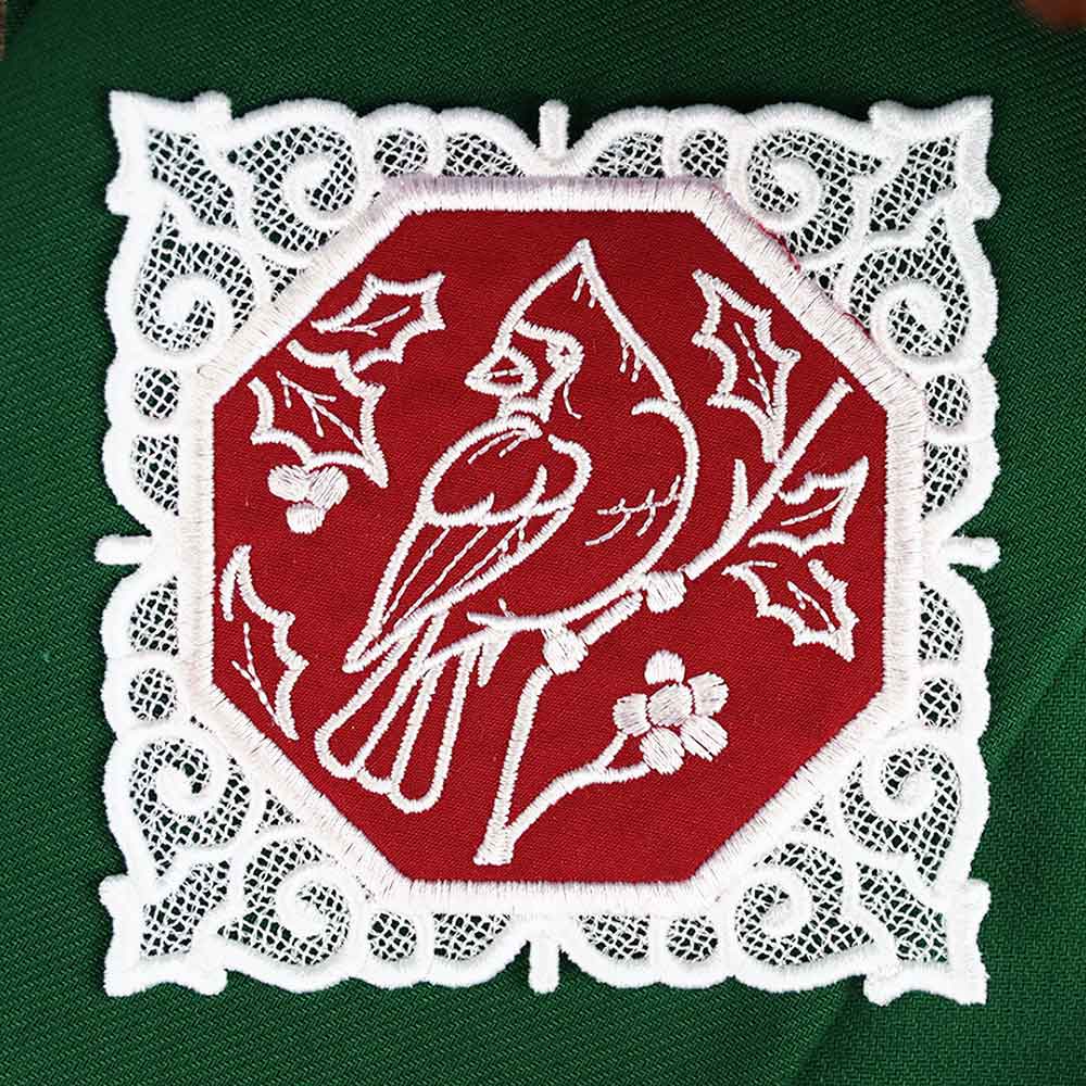 Lace Edge Christmas Coaster - Cardinal (In-the-Hoop)