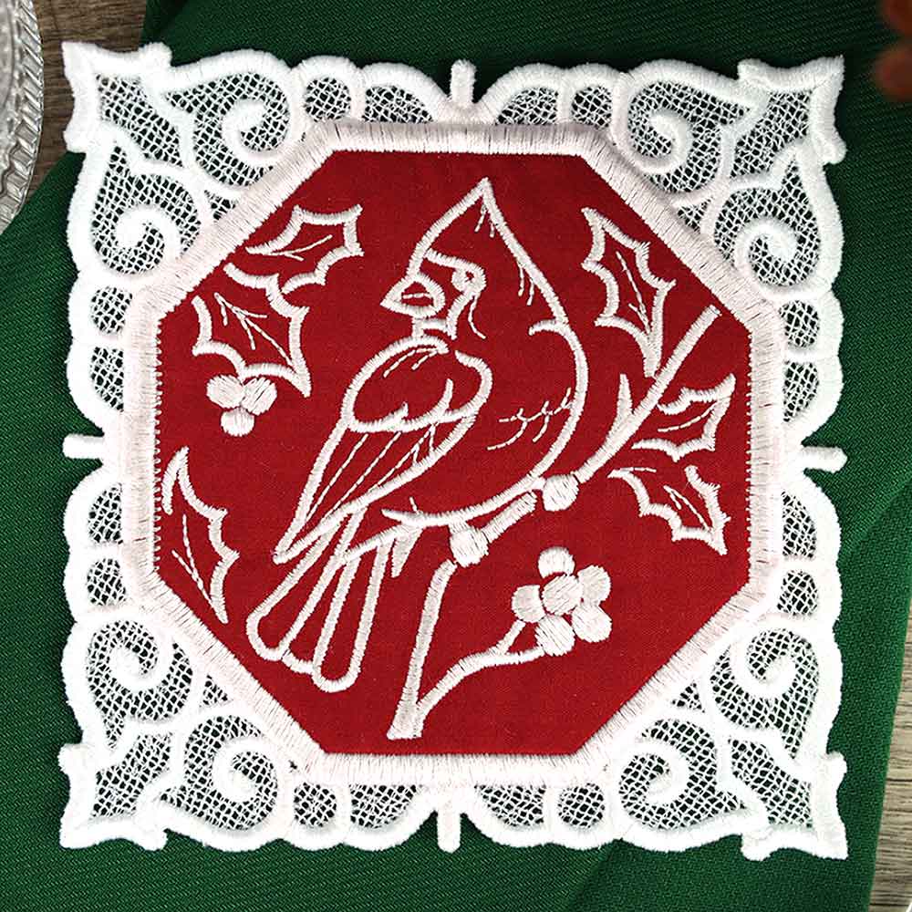 Lace Edge Christmas Coaster - Cardinal (In-the-Hoop)