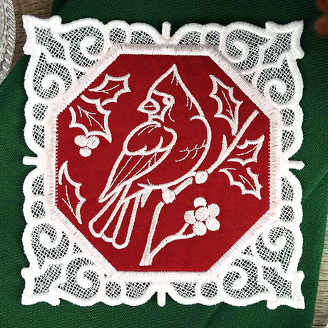 Lace Edge Christmas Coaster - Cardinal (In-the-Hoop)