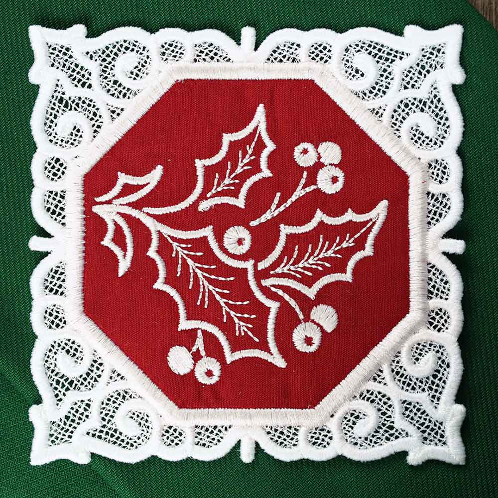 Lace Edge Christmas Coaster - Holly (In-the-Hoop)