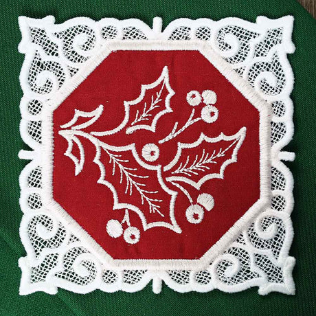 Lace Edge Christmas Coaster - Holly (In-the-Hoop)