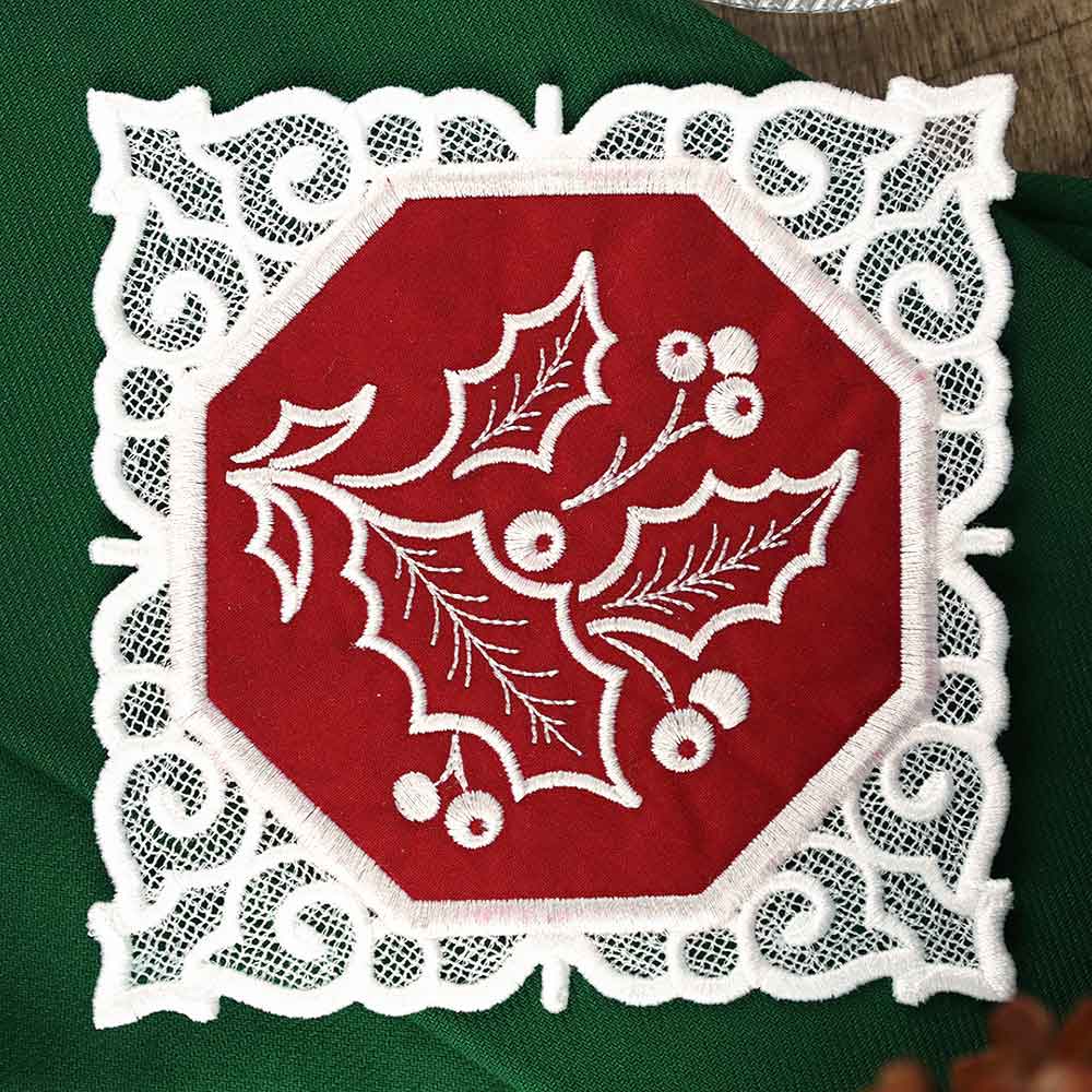 Lace Edge Christmas Coaster - Holly (In-the-Hoop)