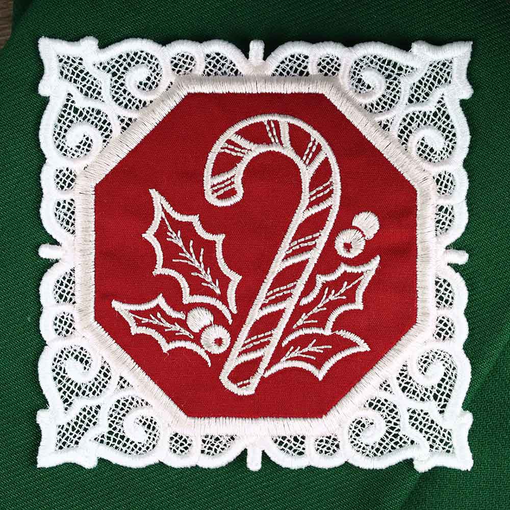 Lace Edge Christmas Coaster - Candy Cane (In-the-Hoop)